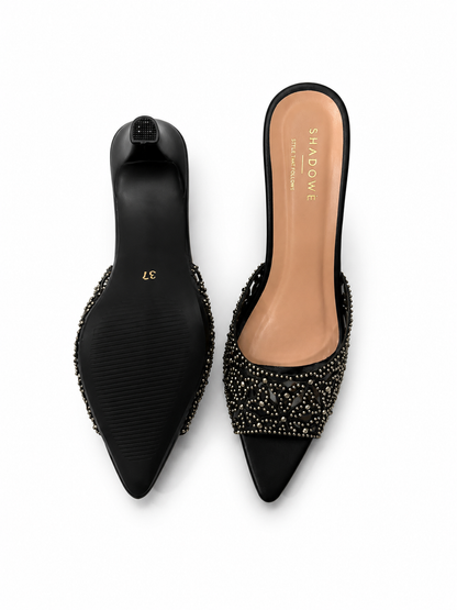 Noir Bloom Embellished Mule Heels