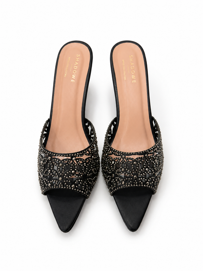 Noir Bloom Embellished Mule Heels