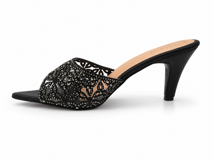 Noir Bloom Embellished Mule Heels