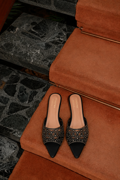 Noir Bloom Embellished Mule Heels