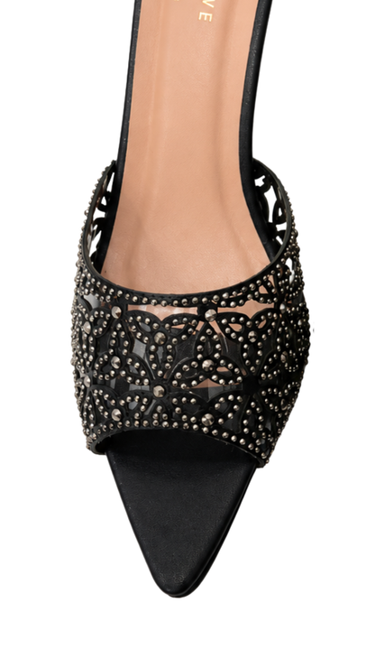 Noir Bloom Embellished Mule Heels